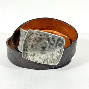 Hand Forged 3" Metal Belt Buckle Made in Italy Brown Leather Size 36-42 Waist